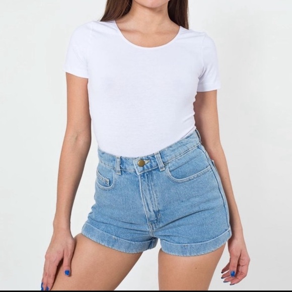 American Apparel Pants - American Apparel High Rise Hi Waisted Denim Cuffed Jean Shorts Summer Wash Blue